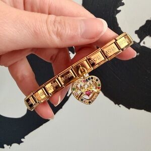Gold Tone MOM Italian Charm Bracelet – 19 Links with Sparkly Heart Dangle
